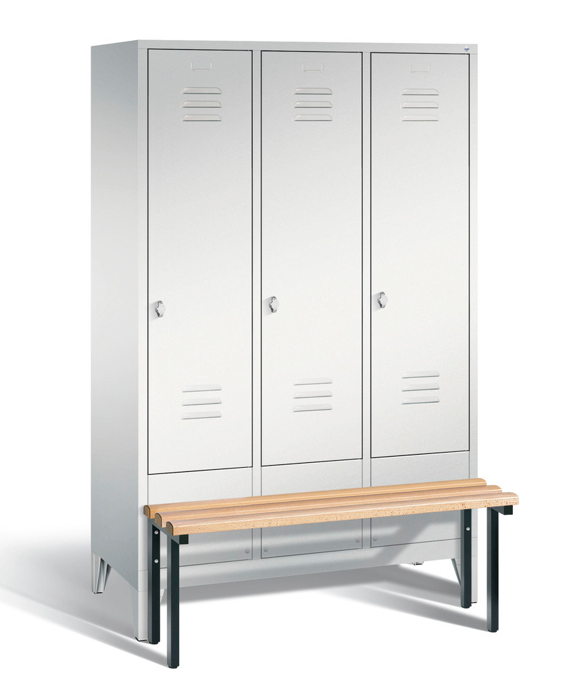 Locker with bench Cabo, 3 compartments, W 1200, H 1850, D 500/815, grey/grey