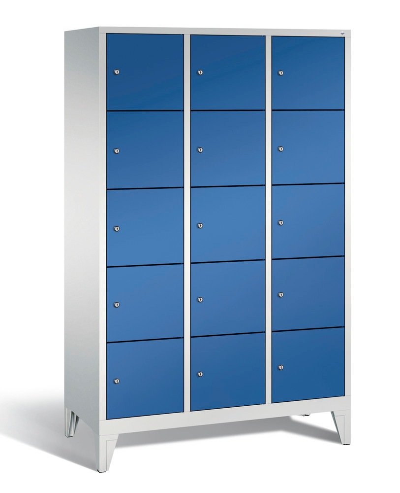 Locker with feet Cabo, 15 compartments, W 1200, H 1850, D 500 mm, grey/blue