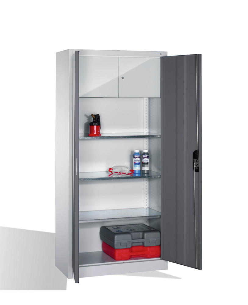Tooling equipment cabinet Cabo, wing drs, val. comp, 3 shelves, W 930, D 500, H 1950 mm, grey