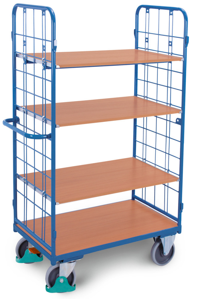 Tiered trolley DENIOS classic-line w 4 shelves, 2 mesh walls, TPE tyres, ErgoStop, 1000x700 mm 500kg