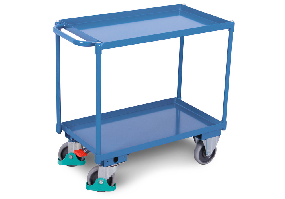 Stolní vozík DENIOS classic-line, 2 ocelové vany, ErgoStop, 845x495 mm, 400 kg