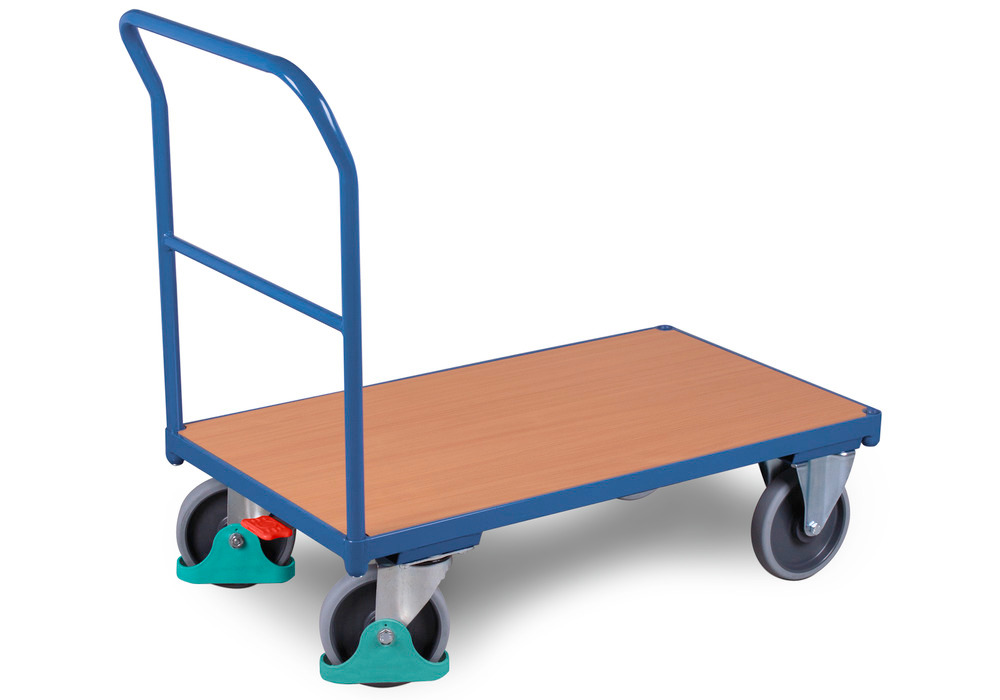 Policový vozík DENIOS classic-line z oceli, ErgoStop, 1030x700 mm, nosnost 500 kg