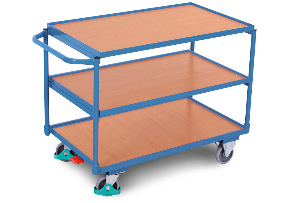 Works trolley DENIOS classic-line with 3 shelves/edge, TPE tyres, ErgoStop, 985x590 mm