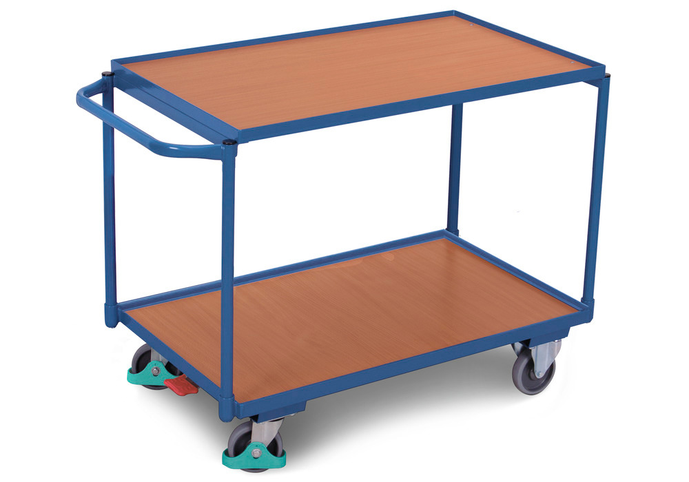 Works trolley DENIOS classic-line with 2 shelves/edge, TPE tyres, ErgoStop, 985x590 mm