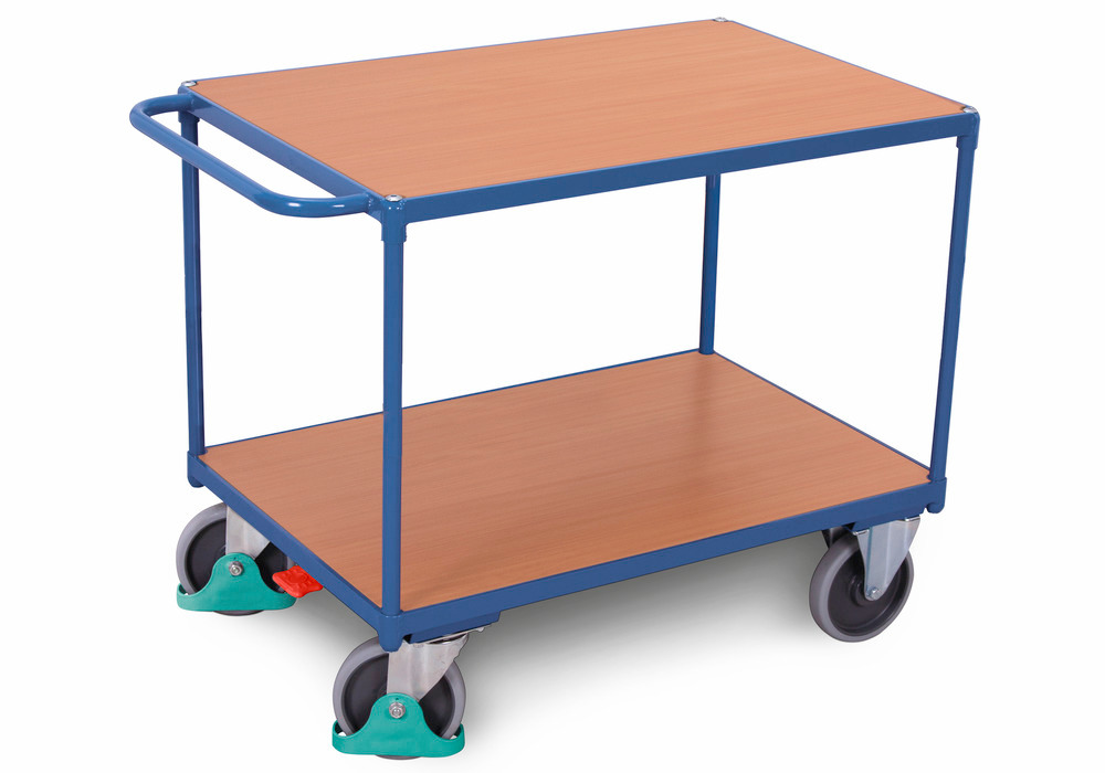 Tischwagen DENIOS classic-line aus Stahl, 2 Böden, TPE-Reifen, ErgoStop, 1200x800mm, Tragkraft 500kg