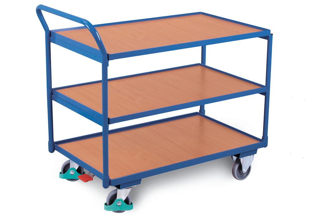 Works trolley DENIOS classic-line with 3 shelves/edge, TPE tyres, ErgoStop, curve handle, 985x590 mm