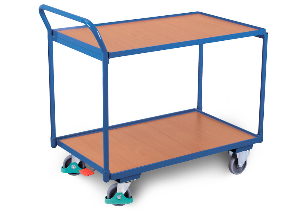Works trolley DENIOS classic-line, with 2 shelves/edge, curve handle, TPE tyres, ErgoStop,985x590 mm