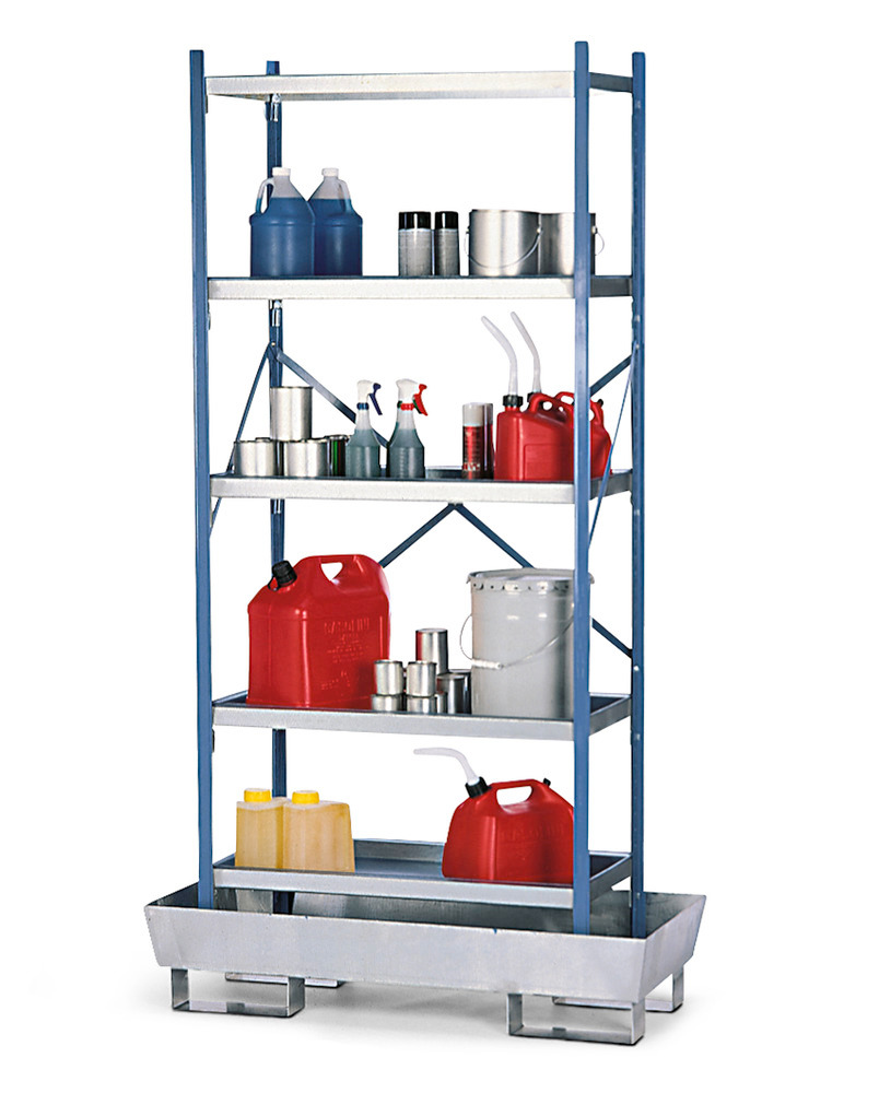 Containment Shelving with solid steel shelves and a galvanized sump base