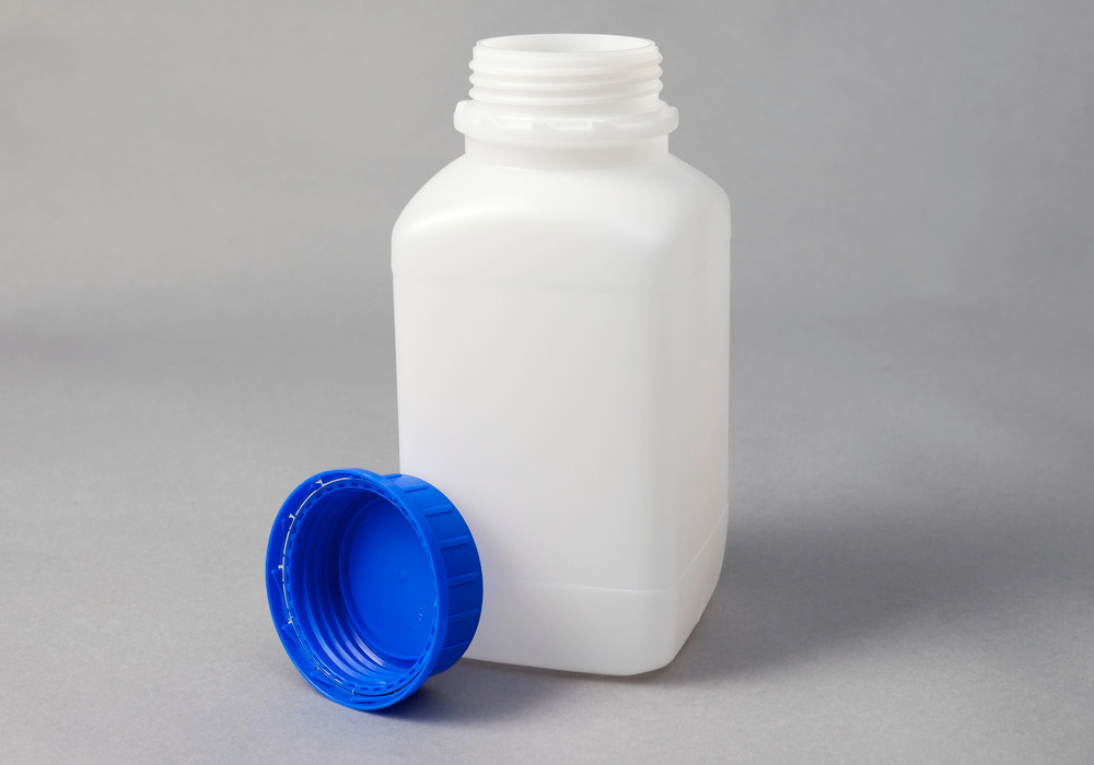 Bottiglie a collo largo in HDPE, squadrate, trasparente naturale, 2500 ml, con omolog. UN, 6 pezzi