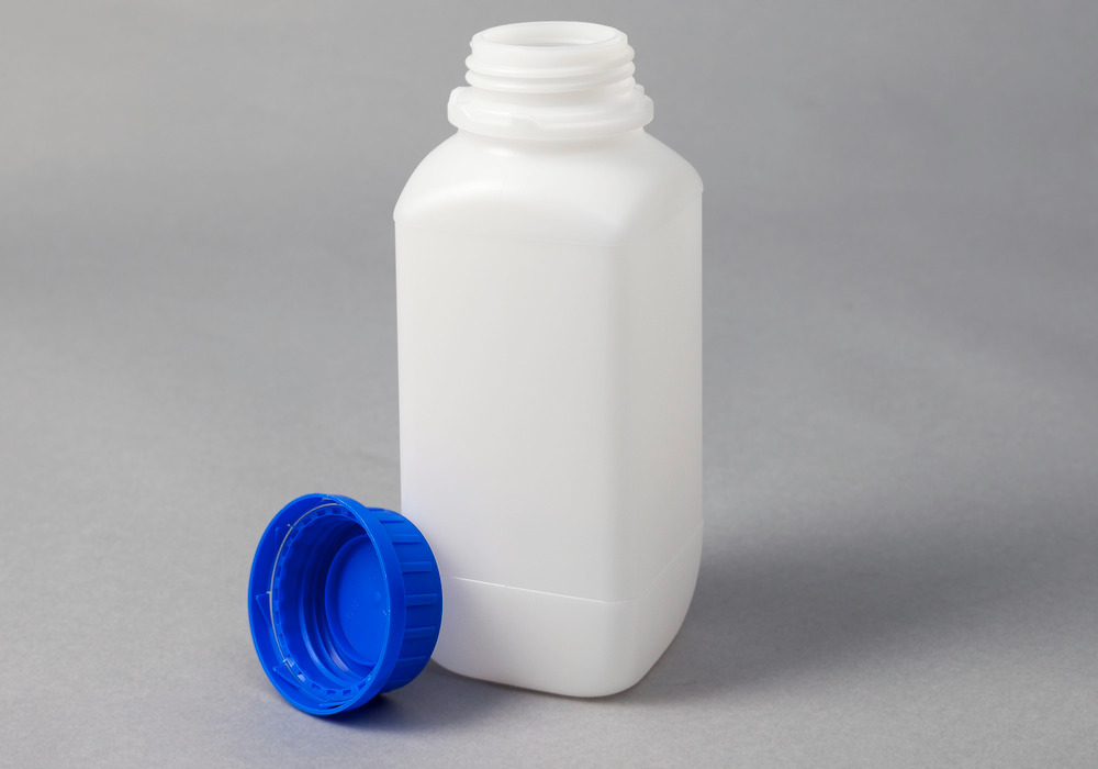 Bottiglie a collo largo in HDPE, squadrate, trasparente naturale, 1000 ml, con omolog. UN, 12 pezzi