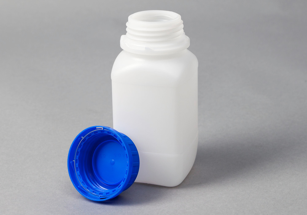 Bottiglie a collo largo in HDPE, squadrate, trasparente naturale, 500 ml, con omolog. UN, 15 pezzi