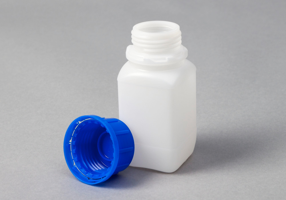 Leveäkaulainen pullo HDPE, kulmikas,luonnonväri-läpinäkyvä,250 ml, UN-hyväksyntä, 30 kpl