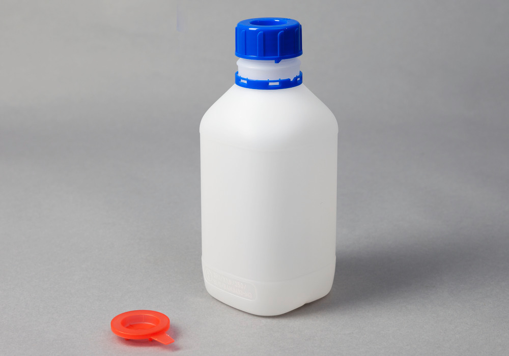 Flaske med smal hals, av HDPE, rund, transparent, 500 ml, med UN-godkjenning, 12 stk.