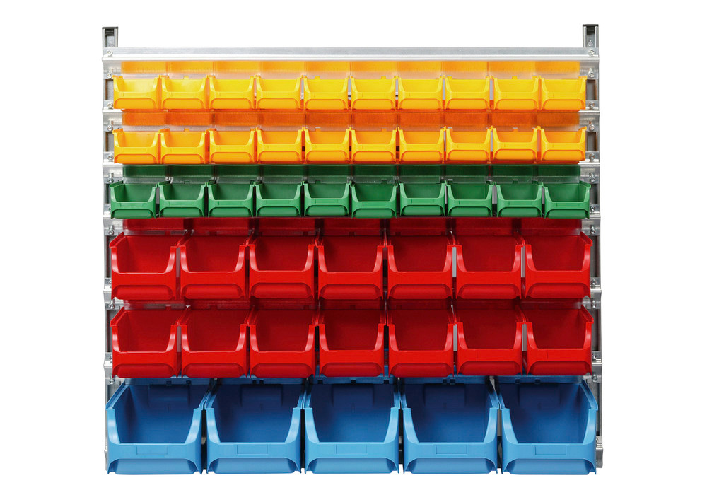 Wall rack, one side with 49 open-fronted storage bins pro-line A, height= 1050 mm