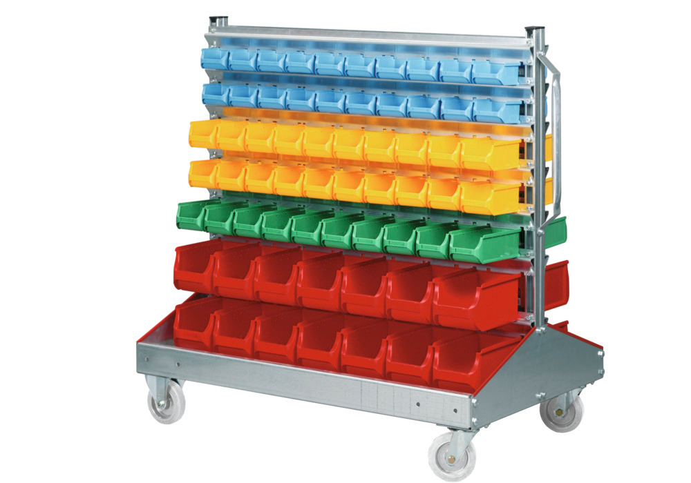 Mobile rack, both sides with 128 open-fronted storage bins pro-line A, height= 1160 mm