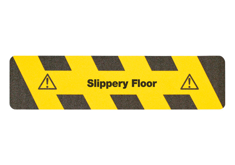 Sinal advertência m2-Antirutschbelag™ preto/amarelo, "Slippery Floor", risca 150 mm x 610 mm