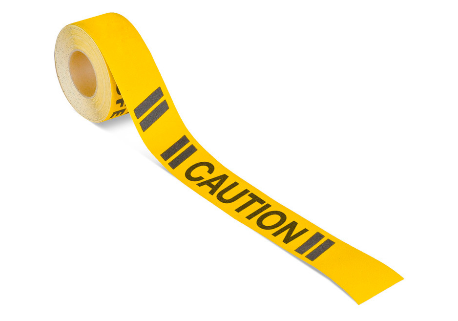 m2 wykładzina antypoślizgowa™, ostrzegawcza, czarno-żółta, „Caution”, rolka 75 mm x 18,3 m