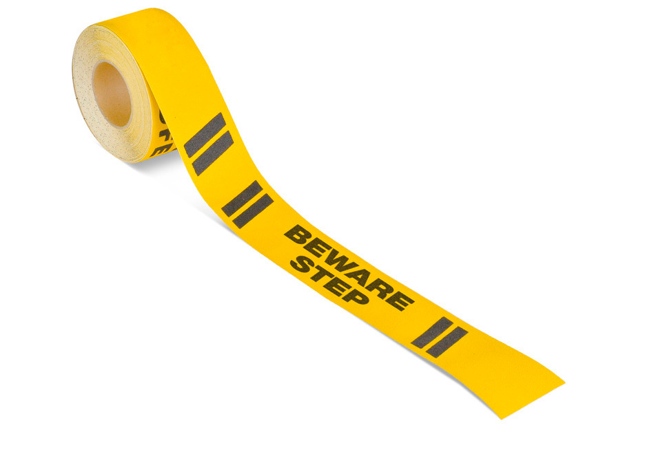 m2 wykładzina antypoślizgowa™, ostrzegawcza, czarno-żółta, „Beware Step”, rolka 75 mm x 18,3 m