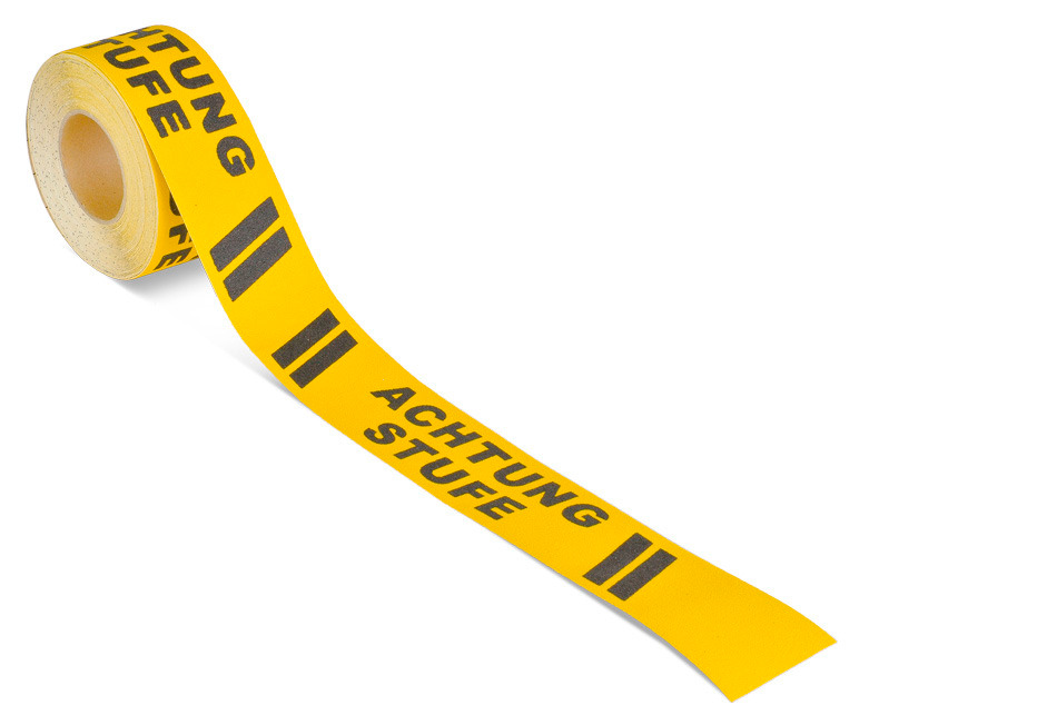 m2-csúszásgátló szalag™, figyelmeztető jelzés, fek/sá, „Vigyázat lépcső”, tekercs 75 mm x 18,3 m
