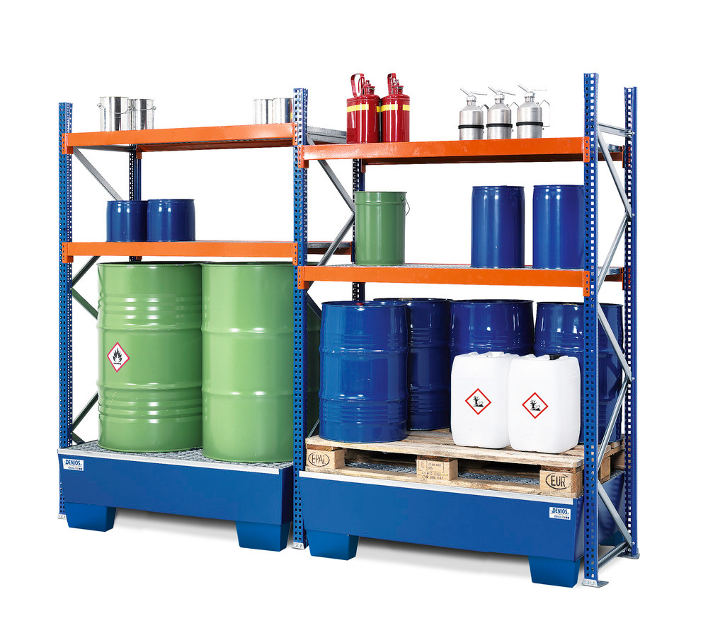 Hazardous substances rack type GRS 1250  with painted steel spill pallet, basic shelf with extension shelf