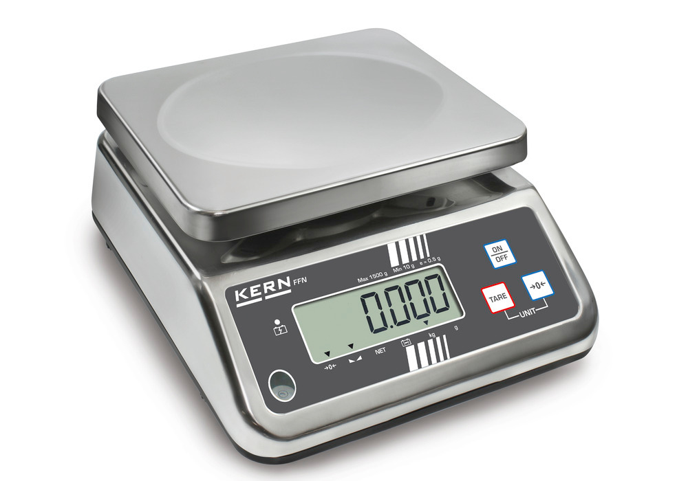 Bilancia KERN FFN da tavolo, in acciaio inox, IP 65, con funzione di taratura, portata max. 15 kg
