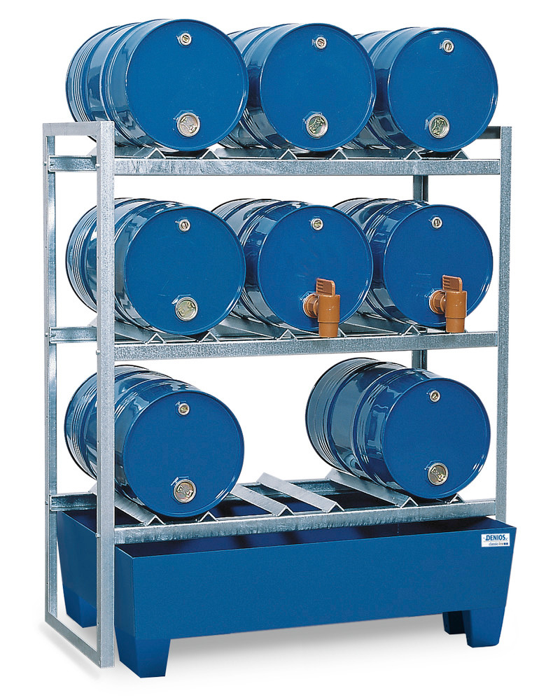 Drum rack FR-S 9-60 for 9 x 60 litre drums, with spill pallet in steel