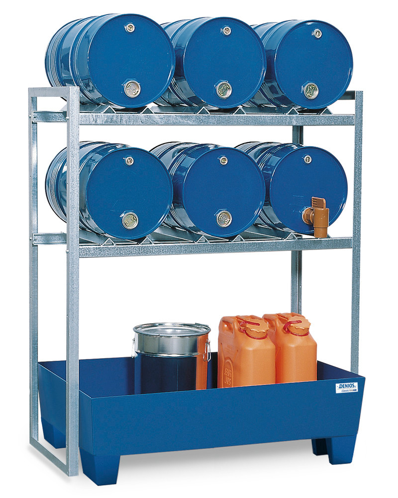 Drum rack FR-S 6-60 for 6 x 60 litre drums, with spill pallet in steel