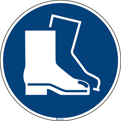 Gebotsschild "Fußschutz benutzen", ISO 7010, Folie, selbstklebend, 200 mm, VE = 10 Stück