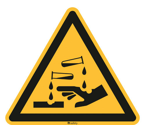 Hazard sign Warning of corrosive substances, ISO 7010, foil, self-adhesive, 200 mm Pack = 10 units