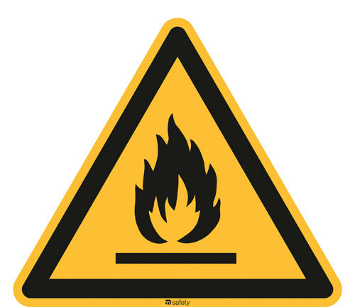 Advarselsskilt advarsel mod brandfarlige medier, ISO 7010, folie, selvklæbende, 200 mm, 10 stk.