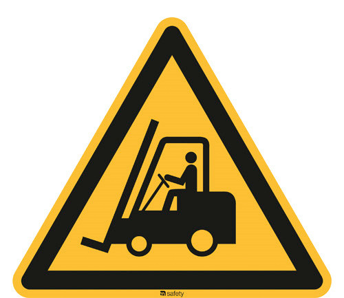 Znak ostrzegawczy „Uwaga, środki transportu magazyn.”, ISO 7010, folia samoprz., 200mm, opak.=10szt.