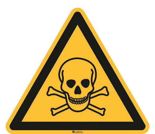Segnale di pericolo Attenzione sostanze tossiche, ISO 7010, pellicola adesiva, 200mm, conf.=10 pz.