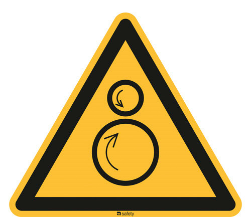 Znak ostrzegawczy „Uwaga, możliwość wciągnięcia”, ISO 7010, folia samoprzylepna, 100mm, opak.=20szt.
