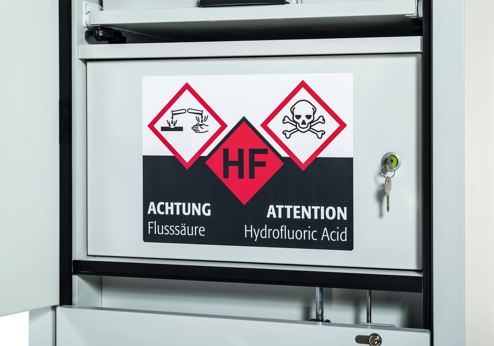 The hydrofluoric acid compartment is also marked with an acute toxicity pictogram