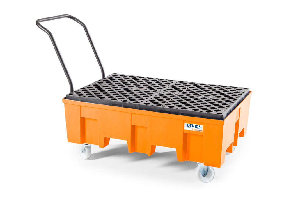 Spill pallet base-line in polyethylene (PE) for 2 drums, with PE grid, mobile