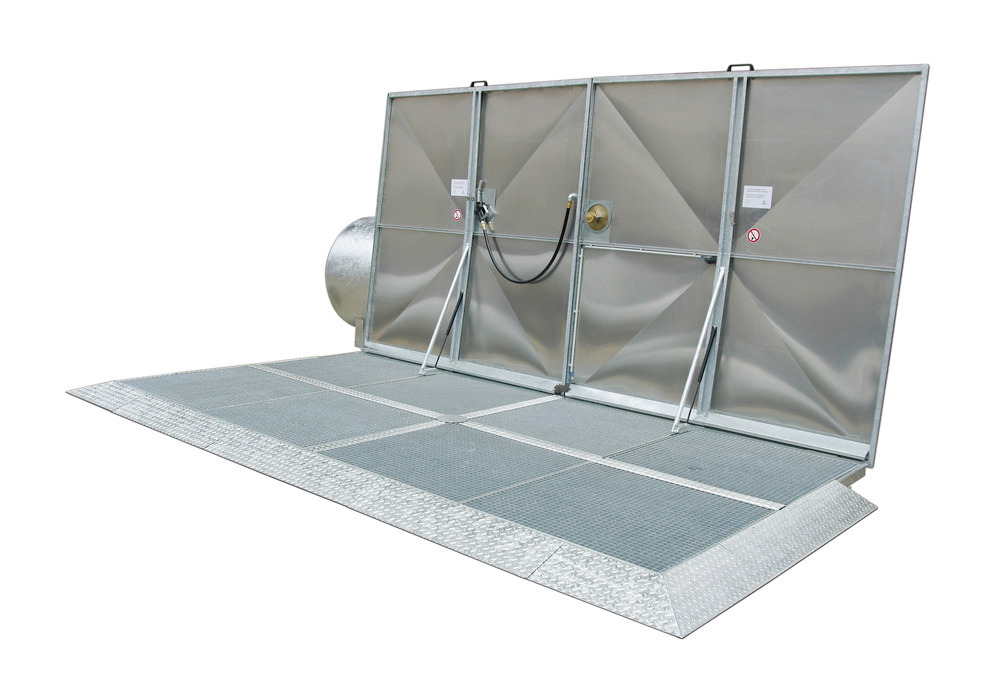 Fuel filling station with folding lid for outdoor use.