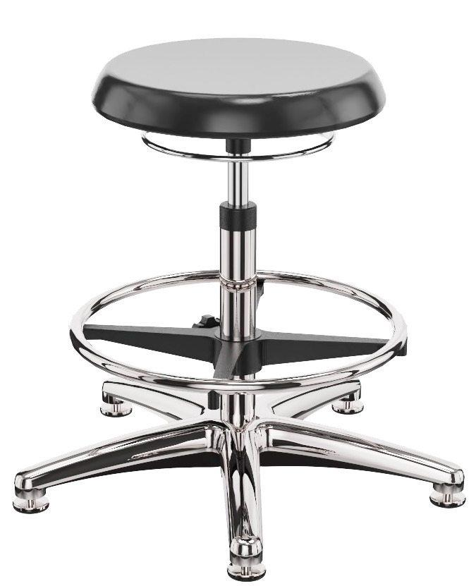 ESD work stool PU floor glide, aluminium base, foot ring