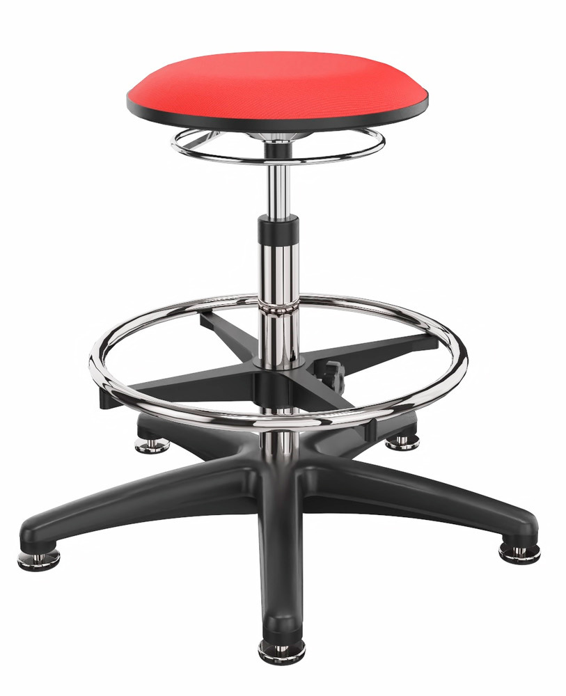 Pracovná stolička bez operadla, poťah červený, hliníková krížová noha, s klzákmi, opierka na nohy