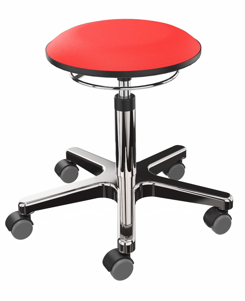 Pracovná stolička bez operadla, sedadlo červené, krížová noha z hliníka