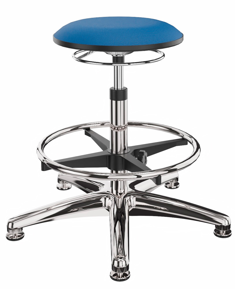 Pracovná stolička bez operadla, poťah modrý, hliníková krížová noha, s klzákmi, opierka na nohy
