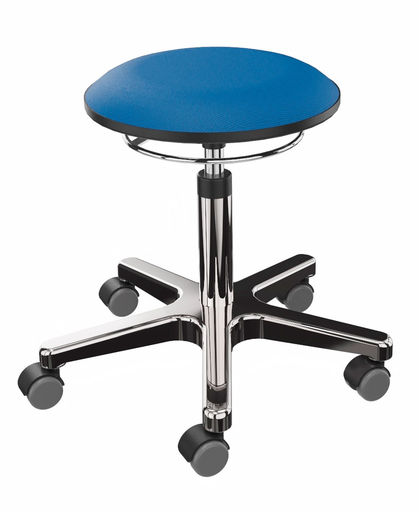 Pracovná stolička bez operadla, sedadlo modré, krížová noha z hliníka