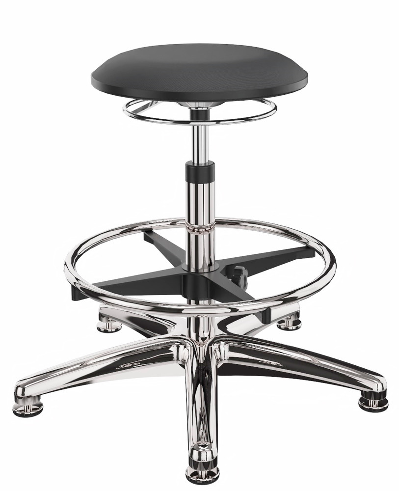 Work stool cover fabric black, aluminium base, floor glide, foot ring