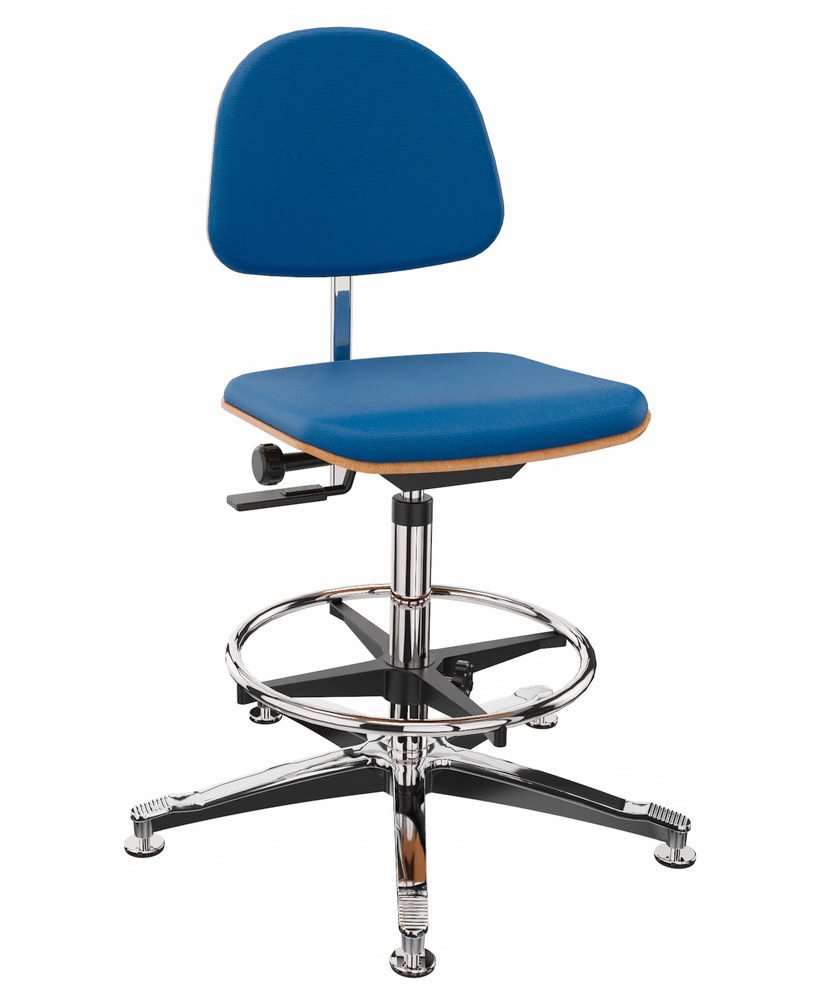 Chaise de travail, tissu bleu, base en aluminium, patins, repose-pieds