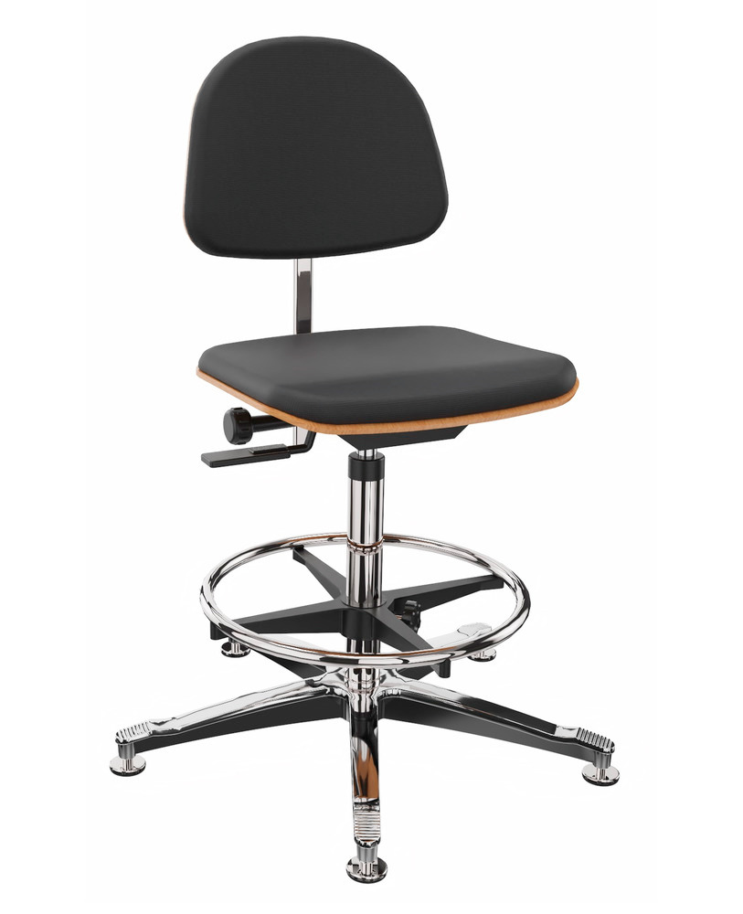 Cadeira de trabalho estofos preto, patas em cruz alumínio, taco deslizante, anel de base