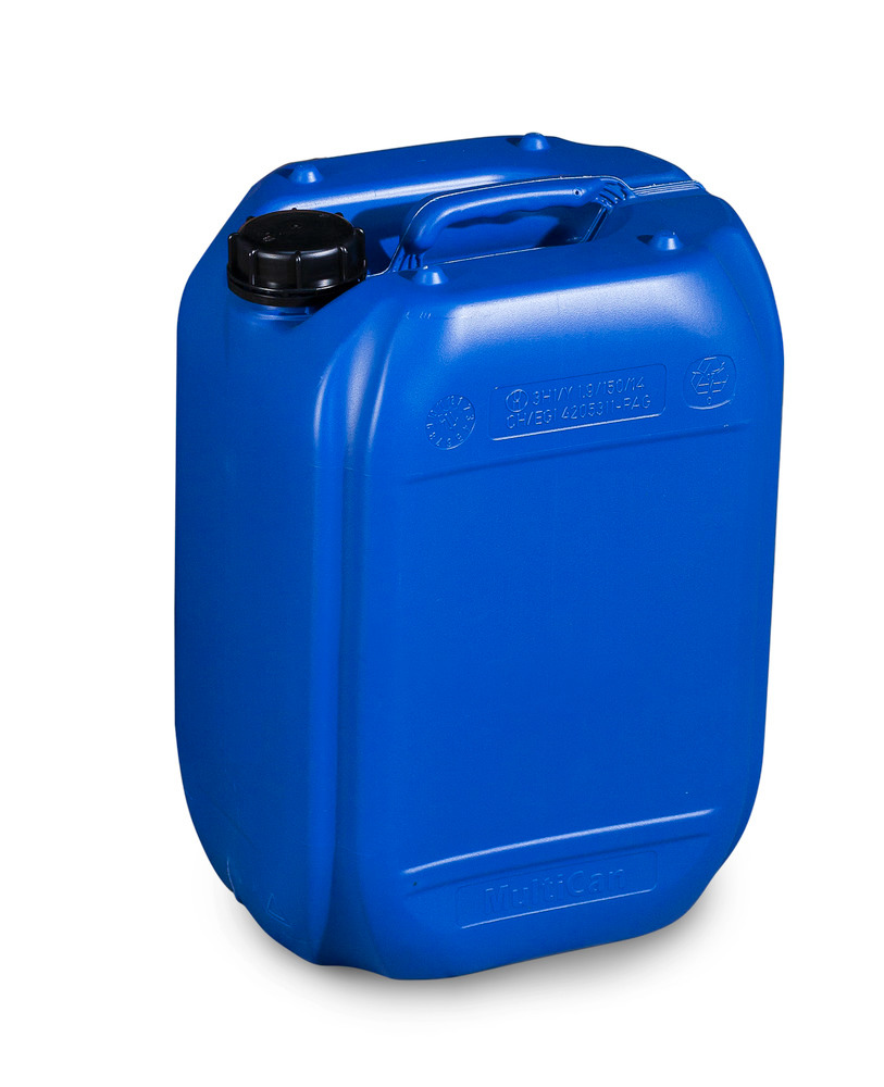 Garrafa de plástico (PE) ATEX 1 y 2, 20 litros, con asa y tapa roscada, azul, homologada, apilable