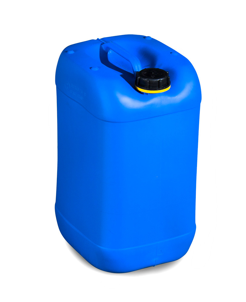 Garrafa de plástico polietileno (PE), 25 litros, con asa y tapa roscada, azul, homologada, apilable
