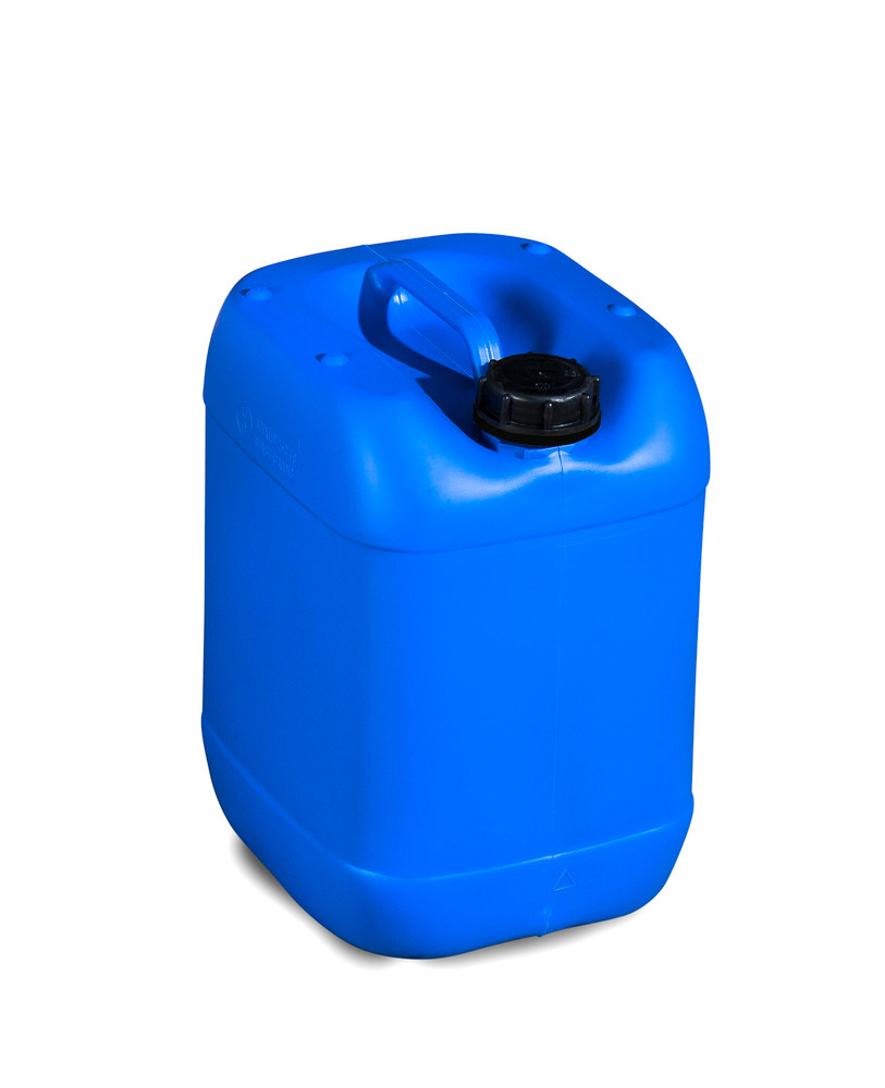 Garrafa de plástico polietileno (PE), 20 litros, con asa y tapa roscada, azul, homologada, apilable