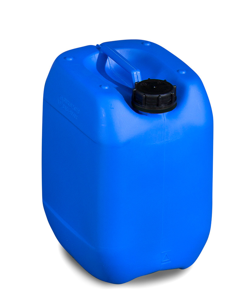 Garrafa de plástico polietileno (PE), 10 litros, con asa y tapa roscada, azul, homologada, apilable