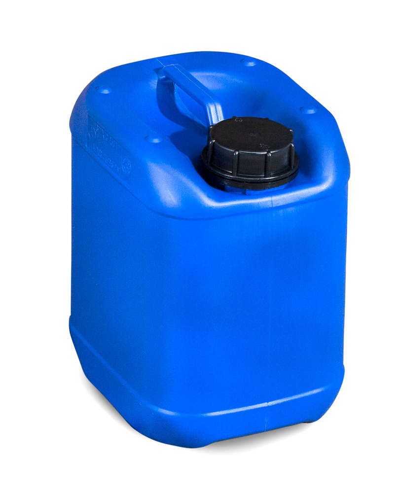 Garrafa de plástico polietileno (PE), 5 litros, con asa y tapa roscada, azul, homologada, apilable