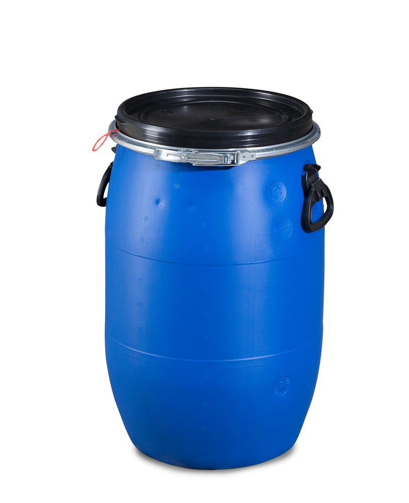 Bidón de plástico azul con 2 asas, tapa negra, ballesta y válvula de desgasificación, 60 litros